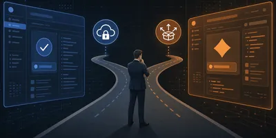 A split screen showing Microsoft GitHub Copilot and Anthropic Claude Code logos on opposite sides, with a fork in the road below suggesting a vendor choice decision