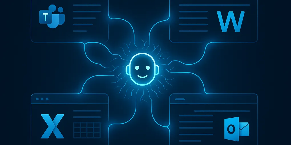 Microsoft Copilot AI agent interface showing autonomous task completion across Teams, Outlook, Word, and Excel