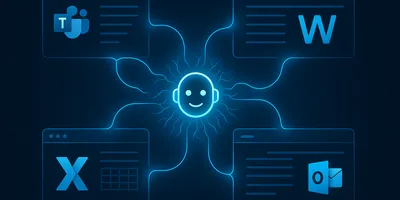 Microsoft Copilot AI agent interface showing autonomous task completion across Teams, Outlook, Word, and Excel