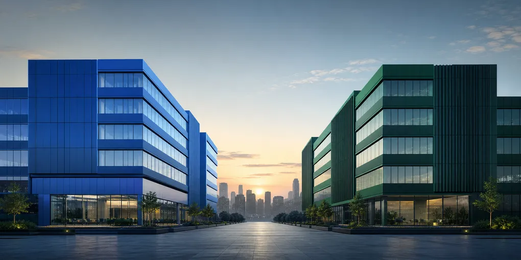 Two towering office buildings — one in Microsoft blue, one in dark OpenAI green — gradually separating against a grey city skyline, representing the formal restructuring of the AI partnership