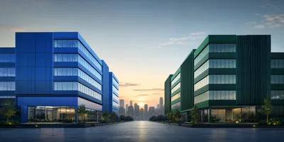 Two towering office buildings — one in Microsoft blue, one in dark OpenAI green — gradually separating against a grey city skyline, representing the formal restructuring of the AI partnership