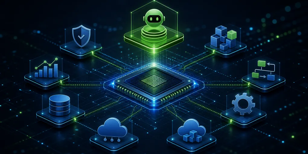 A business operator reviews a secure AI-agent runtime diagram connecting enterprise software, policy controls, data access, and local AI infrastructure