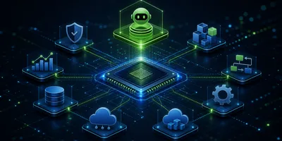 A business operator reviews a secure AI-agent runtime diagram connecting enterprise software, policy controls, data access, and local AI infrastructure