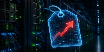Abstract illustration of AI server racks with price increase arrows overlaid on a dark data center background, representing rising AI infrastructure costs