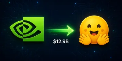 Nvidia green logo and Hugging Face yellow emoji face connected by a glowing acquisition arrow on a dark circuit-board background, representing the reported $12.9 billion acquisition talks