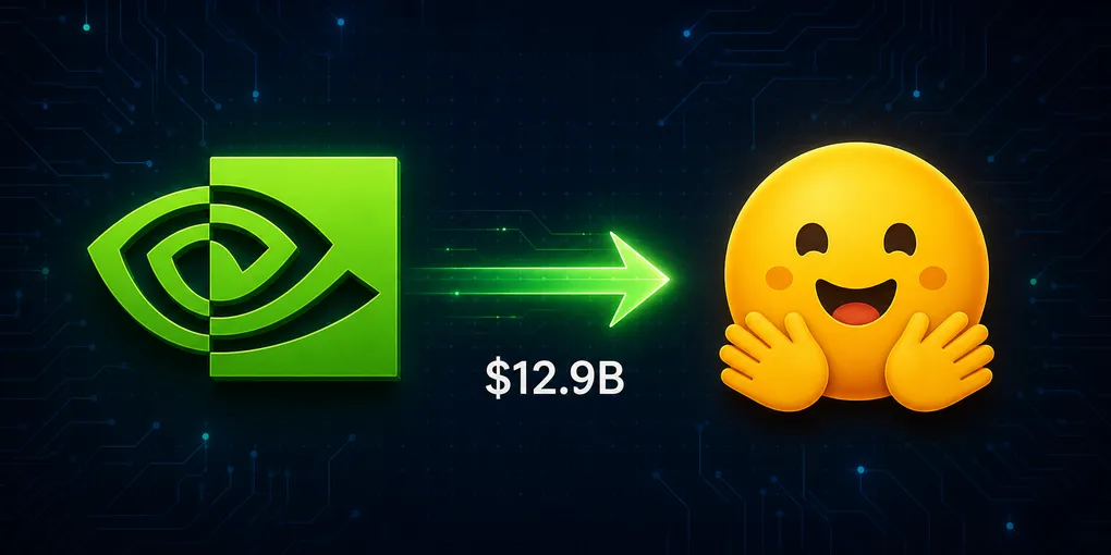 Nvidia green logo and Hugging Face yellow emoji face connected by a glowing acquisition arrow on a dark circuit-board background, representing the reported $12.9 billion acquisition talks