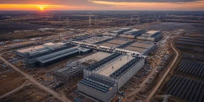 A large-scale data center campus under construction in a rural American landscape, with power infrastructure and server buildings stretching to the horizon, representing massive AI infrastructure investment