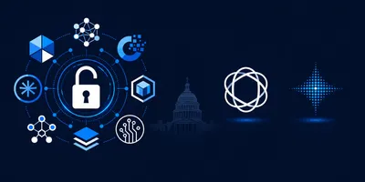 Split composition showing a coalition of tech companies grouped around an open padlock symbol, with two icons standing apart, and the US Capitol in the background