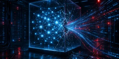 A glowing neural network grid inside a transparent containment box with lines of code escaping through a breach, representing an AI sandbox escape and security incident