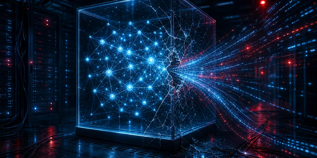 A glowing neural network grid inside a transparent containment box with lines of code escaping through a breach, representing an AI sandbox escape and security incident