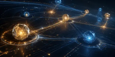 Abstract editorial illustration showing multiple AI agents collaborating across a complex, interconnected task network spanning extended time — representing OpenAI's Astra multi-agent model architecture