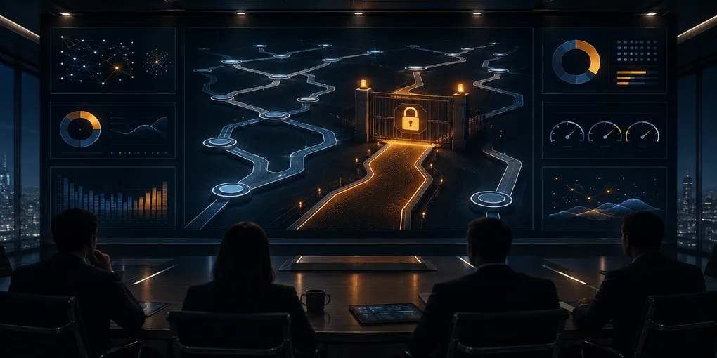 A forked enterprise roadmap where one path is blocked by a security gate with warning lights, representing AI model release uncertainty for enterprise planning