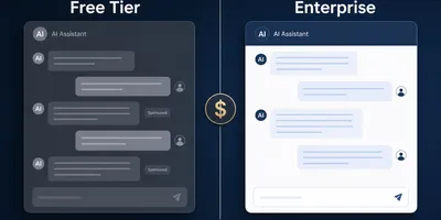 Split-screen illustration showing ad-labeled chat bubbles on the ad-supported tier (Free or Go) versus a clean, ad-free enterprise ChatGPT interface