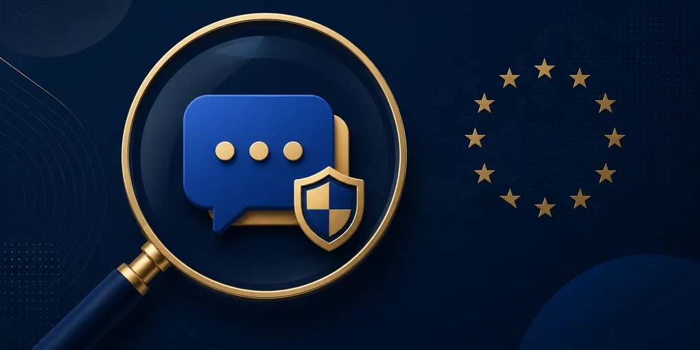 Magnifying glass inspecting an AI chat bubble against a European Union blue-and-gold backdrop, representing ChatGPT's VLOSE classification under the Digital Services Act