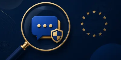 Magnifying glass inspecting an AI chat bubble against a European Union blue-and-gold backdrop, representing ChatGPT's VLOSE classification under the Digital Services Act