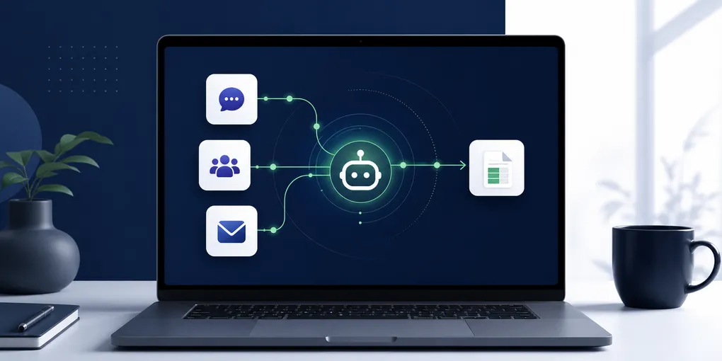 A digital assistant interface showing ChatGPT Work completing multi-step tasks across connected business apps including Slack, Teams, and Google Drive on a laptop screen
