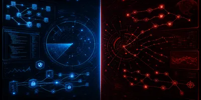 Split cybersecurity command center visualization with blue defensive operations and red authorized offensive research panels