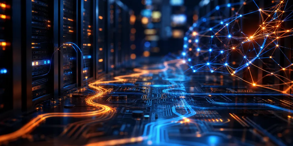 Abstract cybersecurity visualization with AI neural network patterns overlaid on dark enterprise server infrastructure, blue and amber tones