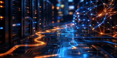 Abstract cybersecurity visualization with AI neural network patterns overlaid on dark enterprise server infrastructure, blue and amber tones