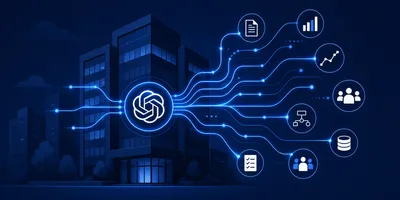 Stylized enterprise building with AI neural network lines flowing from an OpenAI-branded hub into connected business workflows, dark navy and electric blue tones