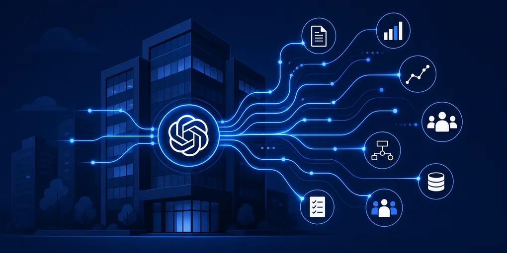 Stylized enterprise building with AI neural network lines flowing from an OpenAI-branded hub into connected business workflows, dark navy and electric blue tones