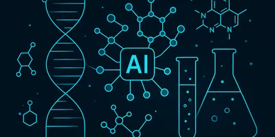 Abstract visualization of molecular structures and DNA strands overlaid with AI reasoning pathways, representing GPT-Rosalind life sciences model