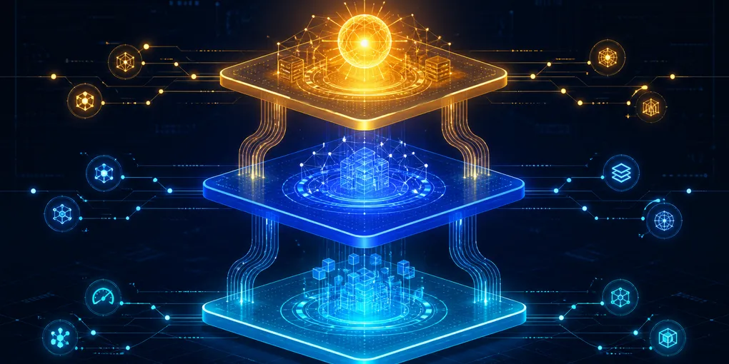 Abstract enterprise diagram showing three interconnected AI model tiers — Sol in gold, Terra in deep blue, Luna in cyan — connected by data streams on a dark navy background, representing OpenAI's GPT-5.6 tiered pricing and routing architecture