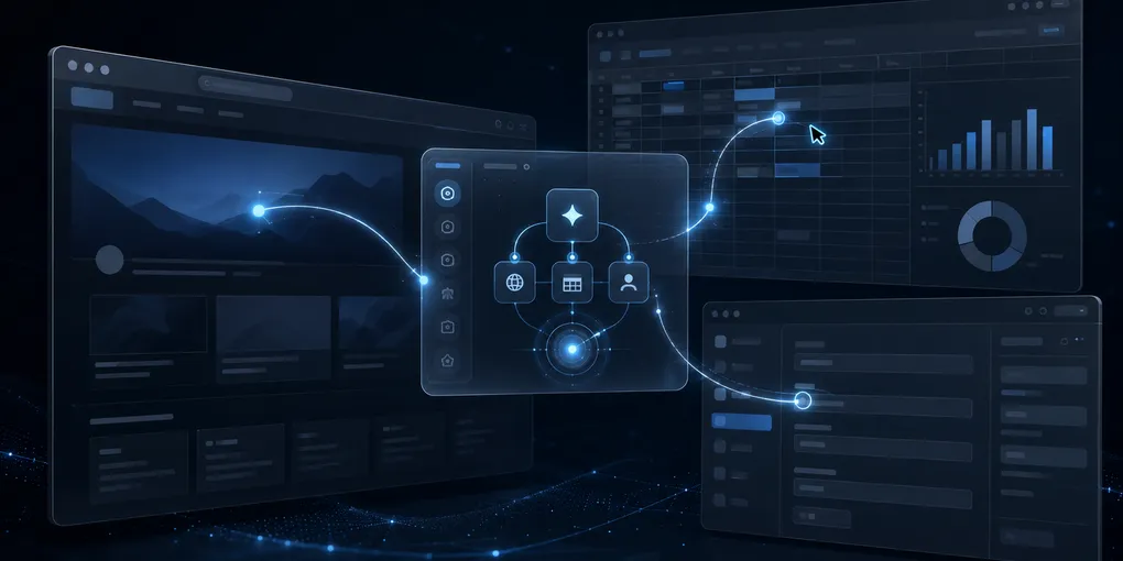 Abstract editorial image showing an AI system navigating layered software windows and forms — representing GPT-6 Astra's computer use capability for enterprise workflow automation