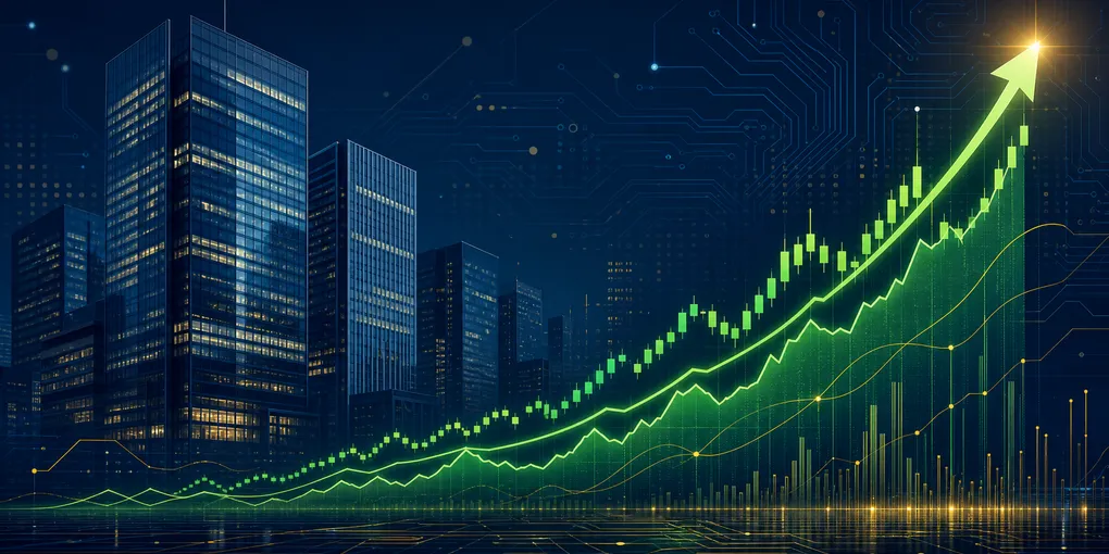 Abstract stock market graph overlaid with an OpenAI logo, surrounded by enterprise building silhouettes, dark background with electric green and gold tones