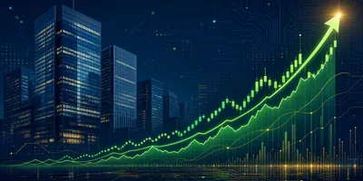Abstract stock market graph overlaid with an OpenAI logo, surrounded by enterprise building silhouettes, dark background with electric green and gold tones