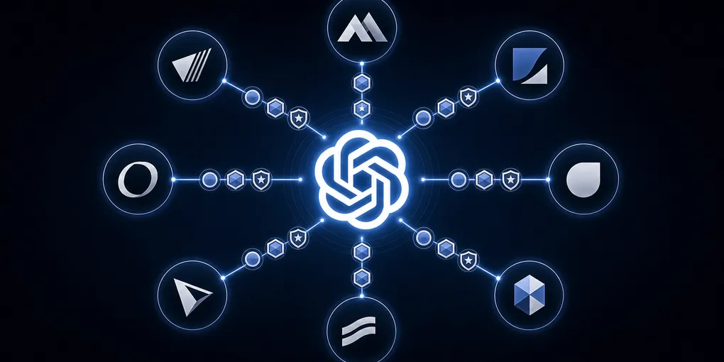Network diagram connecting OpenAI logo to major consulting firm logos through a channel partnership structure