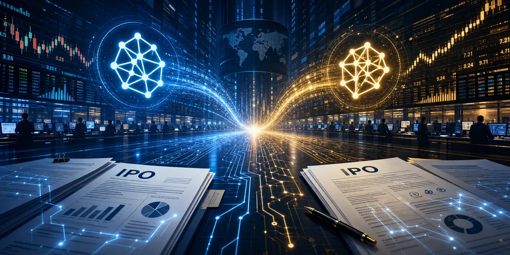 Two converging paths on a stylized stock exchange trading floor, with glowing AI circuit patterns and IPO filing documents, dark blue and gold tones