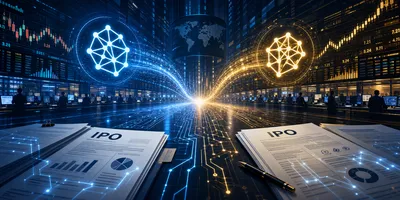 Two converging paths on a stylized stock exchange trading floor, with glowing AI circuit patterns and IPO filing documents, dark blue and gold tones