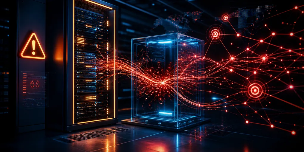 A locked server rack with warning indicators and digital breach lines escaping a containment box, representing an AI training pause following an agent security incident