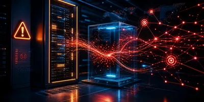 A locked server rack with warning indicators and digital breach lines escaping a containment box, representing an AI training pause following an agent security incident