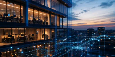 Corporate enterprise headquarters at dusk, empty office desks visible through glass exterior, with AI circuit patterns in the foreground representing automated workforce reduction