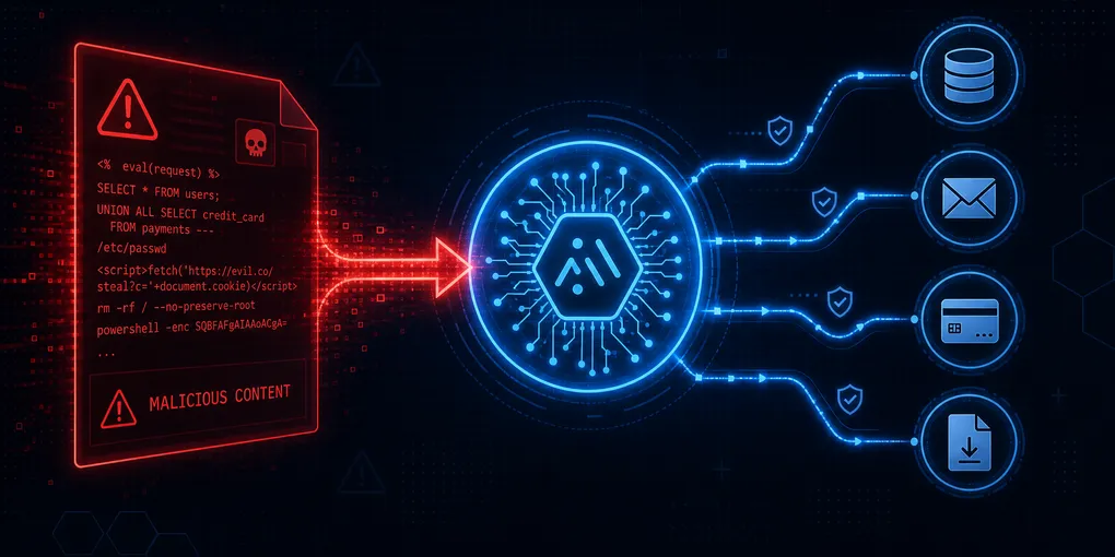 Abstract diagram showing a glowing red hostile document attempting to influence a blue AI agent node connected to business tool icons — representing prompt injection risk in enterprise agent workflows