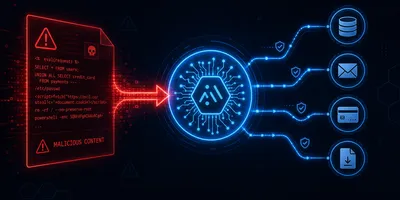 Abstract diagram showing a glowing red hostile document attempting to influence a blue AI agent node connected to business tool icons — representing prompt injection risk in enterprise agent workflows