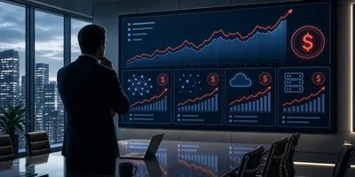 A corporate executive reviews a financial dashboard showing AI model token costs trending upward alongside traditional SaaS and cloud infrastructure line items