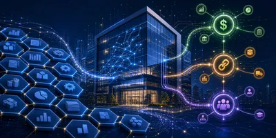 Abstract illustration of SAP enterprise ERP data flows transforming into autonomous AI agent networks connecting finance, supply chain, and HR systems