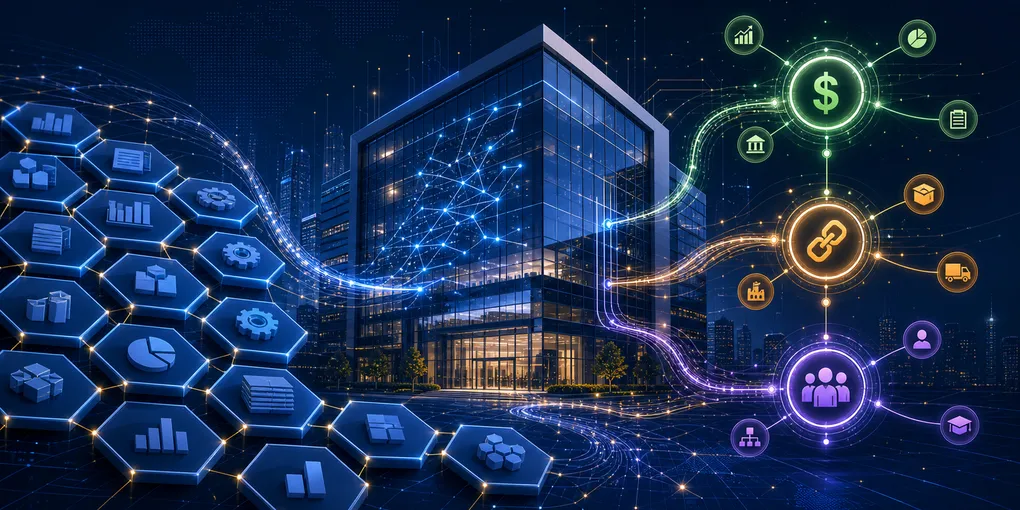 Abstract illustration of SAP enterprise ERP data flows transforming into autonomous AI agent networks connecting finance, supply chain, and HR systems