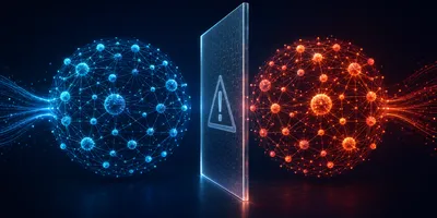 Abstract visualization of a regulatory barrier between US and Chinese AI systems, with warning indicators — representing the US Treasury's sanctions threat against Chinese AI companies