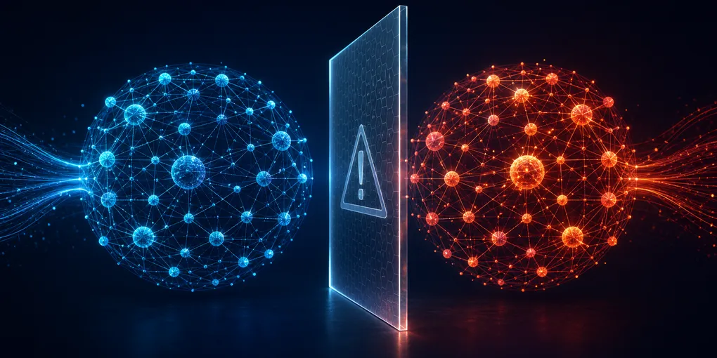 Abstract visualization of a regulatory barrier between US and Chinese AI systems, with warning indicators — representing the US Treasury's sanctions threat against Chinese AI companies